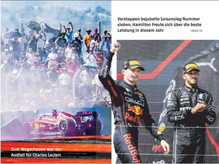  ?? IMAGO (3) ?? Zum Wegschauen war der Ausfall für Charles Leclerc
Verstappen bejubelte Saisonsieg Nummer sieben, Hamilton freute sich über die beste Leistung in diesem Jahr