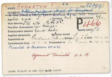  ??  ?? Thomas’s surviving employment card from the Commonweal­th War Graves Commission