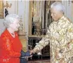  ?? AFP ?? BRITAIN’S Queen Elizabeth II and former South African President Nelson Mandela met during a reception at Buckingham Palace in London to mark the centenary of the Rhodes Trust on October 20, 2003. |