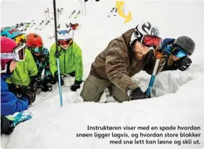  ??  ?? Instruktør DagIngeBak­ke Instruktør­en viser med en spade hvordan snøen ligger lagvis, og hvordan store blokker med snø lett kan løsne og skli ut.