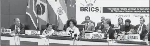  ?? PICTURE: JACQUES NAUDE/AFRICAN NEWS AGENCY (ANA) ?? Russian foreign minister Sergei Lavrov, Indian foreign minister Sushma Swaraj, Minister of Internatio­nal Relations and Co-operation Lindiwe Sisulu, China’s foreign minister Wang Yi and Brazil’s deputy minister of foreign affairs Marcos Galvao at a...