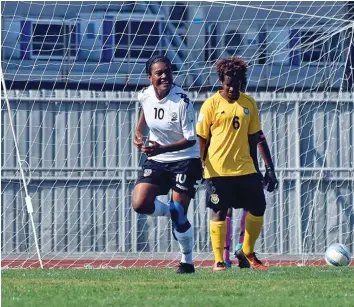  ?? Photo: OFC Media ?? Vodafone Fijian Women’s football striker Luisa Tamanitoak­ula scores the first goal against Vanuatu at Churchill Park, Lautoka on August 24, 2018.