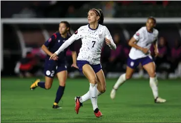  ?? PHOTO BY RAUL ROMERO JR. ?? U.S. forward Alex Morgan runs up the field against the Dominican Republic during the second half of Tuesday's CONCACAF Women's Gold Cup group stage match at Dignity Health Sports Park in Carson. Morgan had a goal in the Americans' 5-0win.