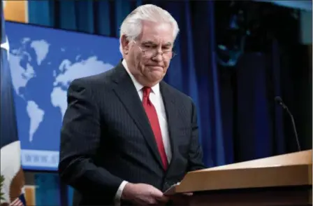  ?? ANDREW HARNIK — THE ASSOCIATED PRESS ?? Secretary of State Rex Tillerson steps away from the podium after speaking at the State Department in Washington, Tuesday. President Donald Trump fired Tillerson on Tuesday and said he would nominate CIA Director Mike Pompeo to replace him.