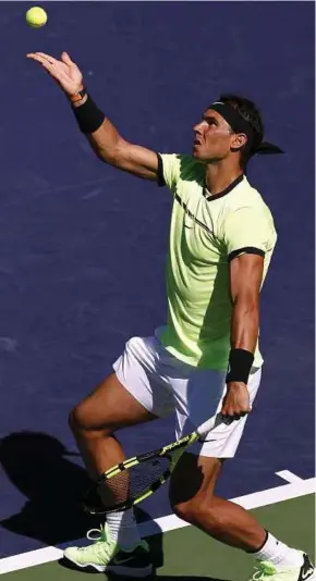  ?? EPA PIC ?? Rafael Nadal serves against Guido Pella at the ATP Indian Wells Masters on Sunday.