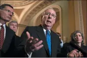  ?? J. SCOTT APPLEWHITE — THE ASSOCIATED PRESS ?? Senate Majority Leader Mitch McConnell, R-Ky., joined from left by Sen. John Barrasso, R-Wyo., Sen. Roy Blunt, R-Mo., and Sen. Joni Ernst, R-Iowa, fields questions from reporters about an impeachmen­t trial on Tuesday.