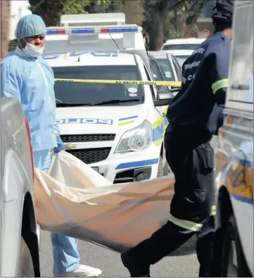  ?? PICTURE: BOXER NGWENYA ?? BLOODY END: Forensic experts carry the body of a suspected cop killer. The man was shot dead yesterday during a shootout with police in Jeppestown. Another suspect has been arrested in connection with the murder of Hillbrow cop Warrant Officer Moses...