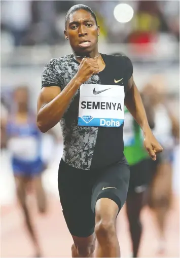  ?? — KAMRAN JEBREILI/AP PHOTO ?? South Africa’s Caster Semenya crosses the finish line to win the women’s 800-metre final during the Diamond League in Doha, Qatar on Friday.