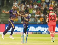  ?? Courtesy: IPL website ?? ↑
Kolkata Knight Riders’ Andre Russell celebrates after taking the wicket of Sunrisers Hyderabad’s Kane Williamson during their match on Saturday.