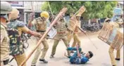  ?? PTI FILE ?? Police personnel baton charge at a protestor demanding the closure of Sterlite Copper unit in Tuticorin in May.