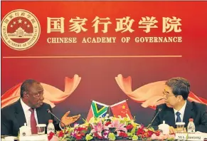  ?? Picture: DoC ?? MODEL: Deputy President Cyril Ramaphosa on a recent visit to China with the executive president of the Chinese Academy of Governance, Ma Jiantang. Mr Ramaphosa says SA could learn much from China’s successful partial listing of state-owned companies on...