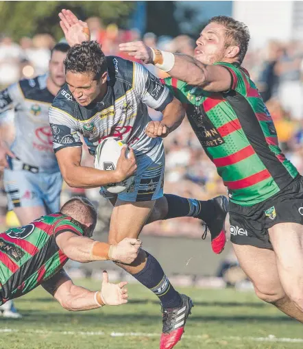  ?? Picture: AAP IMAGES ?? Te Maire Martin launches himself at the South Sydney defensive line in yesterday’s win in Cairns.