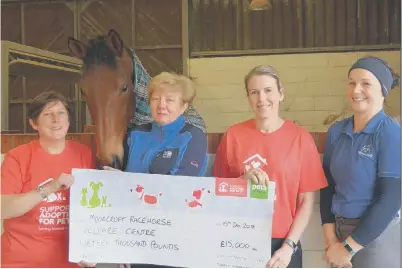  ??  ?? Moorcroft chief executive Mary Frances with Pets at Home store manager Anita Charman and assistant manager Lucy Lempriere and Moorcroft’s head girl Lianne Bird far right.