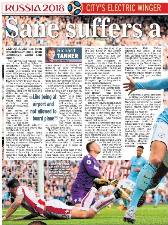  ??  ?? HERO TO ZERO: Sane’s 14 goals capped a superb season for City yet he struggled for Germany