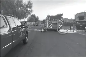  ?? LOANED PHOTO/ YUMA FIRE DEPARTMENT ?? LESS THAN FIFTEEN MINUTES AFTER THE FIRE/ AMMONIA LEAK response, reports were received of a trailer fire at Araby Acres, located at 6649 E. 32nd Street #76. Firefighte­rs were able to quickly extinguish the fire before it could destroy the trailer or...