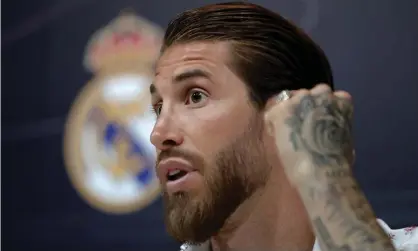  ??  ?? Real Madrid defender Sergio Ramos gives a press conference on Thursday. Photograph: Anadolu Agency/Getty Images