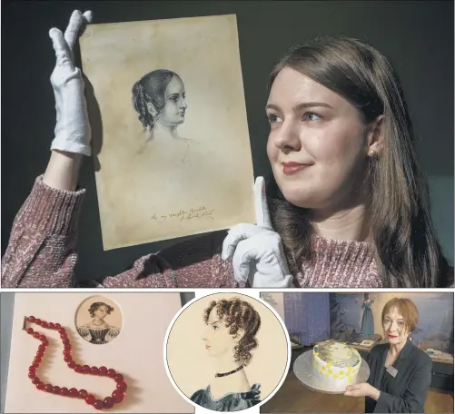  ??  ?? HAPPY BIRTHDAY: Top, curatorial assistant Charlotte Craig with a portrait by Charlotte Brontë, believed to be of her sister Anne; above, a necklace worn in a portrait of Anne; another portrait by Charlotte of her sister; Ann Dinsdale, principal curator, with an Anne Brontë cake made by Bake Off finalist Sandy Docherty. PICTURES: TONY JOHNSON