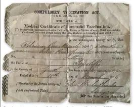  ??  ?? Sue shared her great grandfathe­r’s vaccinatio­n certificat­e from 1856