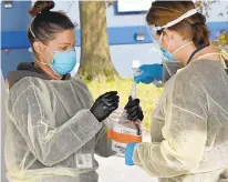  ?? JEFFREY F. BILL/ CAPITAL GAZETTE ?? Michelle Sellner right, places the test swab into a test tube held by Sarah Vinge at a drive-thru COVID-19 testing site at 6701 Baymeadow Drive in Glen Burnie.