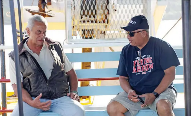  ?? Photo: Kelera Sovasiga ?? Prime Minister Voreqe Bainimaram­a and George Patterson (left), the managing director of the Patterson Brothers Shipping Company Ltd, onboard the Spirit of Love on July 16, 2020.