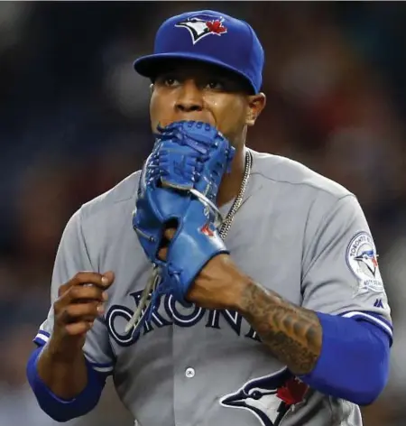  ?? ADAM HUNGER/THE ASSOCIATED PRESS ?? It’s finger-biting time for Marcus Stroman and the Jays after a 2-0 loss to the Yankees, their third straight. The Red Sox are in Toronto Friday.