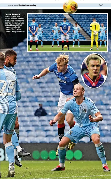  ??  ?? CLEAR WINNER: Goldson gets up to power home a header after Aribo opened the scoring (below), while both sides paid their respects to David Hagen (right), who passed away on Friday