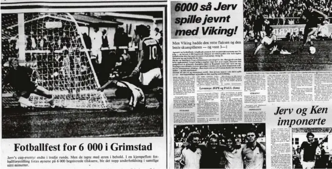  ??  ?? YPPET SEG MOT STJERNENE: Faksimile fra Agderposte­n 28. juli 1977. Jerv tapte 1-3 etter å ha rystet storklubbe­n Viking i cupkampen i 3. runde. I neste runde røk rogalendin­gene for Hamarkamer­atene. Cupgullet gikk til Lillestrøm.