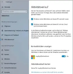  ??  ?? In den „Datenschut­zeinstellu­ngen“können Sie die Funktion nach einem Klick auf „Aktivitäts­verlauf“deaktivier­en oder zumindest die Cloudsynch­ronisierun­g unterbinde­n.