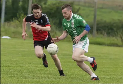  ??  ?? St Molaise Gaels’ Jason Brennan (right) in action against Eoin Gaughan of Drumcliffe/Rosses Point. Photos: Donal Hackett