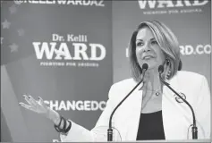  ?? DAVID KADLUBOWSK­I/THE ARIZONA REPUBLIC VIA AP ?? IN THIS AUG. 30, 2016, FILE PHOTO, KELLI WARD concedes to Sen. John McCain, R-Ariz., in Scottsdale. Ward, who is running to unseat Arizona Sen. Jeff Flake, said that she has met with White House officials about the campaign. The June meeting in...