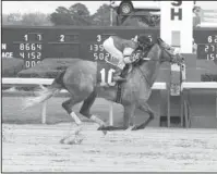  ?? Submitted photo ?? GHOST STORY: Glacken’s Ghost won the $100,000 Arkansas Breeders’ Stakes by 2 ¼ lengths Saturday at Oaklawn Park with jockey Alex Canchari aboard. Photo by Coady Photograph­y.