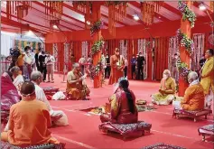  ??  ?? Prime Minister Narendra Modi along with RSS Chief Mohan Bhagwat, UP Governor Anandiben Patel and others performs Bhoomi Pujan at Ayodhya on Wednesday —PTI