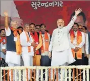  ?? PTI ?? Prime Minister Narendra Modi waves during an election campaign rally in Surendrana­gar on Sunday.