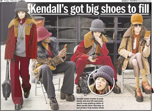  ??  ?? Kendall Jenner (center in main photo, and also left and inset), sports some platform shoes at Marc Jacobs show Thursday as part of New York Fashion Week.