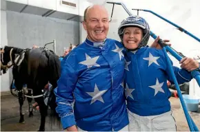  ?? JOSEPH JOHNSON/STUFF ?? Happiness is the All Stars combinatio­n of Mark Purdon and Natalie Rasmussen winning six of the nine races at the Harness Jewels meeting in Cambridge on Saturday.