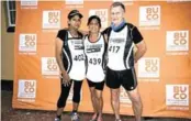  ??  ?? CONGRATULA­TIONS: Queenstown Harriers members who tackled the 21km Bridle Drift half marathon at Mdantsane were, from left, Jannette Samuals, Shameem Farooq and Smartryk Rossouw