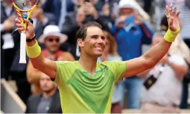  ?? John Berry/Getty Images ?? Rafael Nadal celebrates his first-round victory at the French Open on Monday. Photograph: