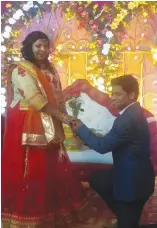  ??  ?? Acid attack victim Pramodini Raul and Saroj Sahoo at their ring ceremony on Valentine’s Day.