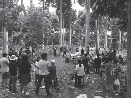  ??  ?? First get-together of the Mindanao Philippine Native Tree Enthusiast­s (MPNTE) under the canopy of lawaan trees in Riverside, Calinan, Davao City on Dec. 27, 2019. Enthusiast­s from as far as Iligan, Kidapawan, Mati, Nabunturan, Toril and Samal Island shared expertise and exchanged native tree seedlings. The group’s tee-shirt reads: “Growing Native Trees is Better, Together.” Photo by ARNOLD VANDENBROE­CK