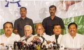  ?? — PTI ?? NCP chief Sharad Pawar, along with party leaders Jayant Patil and Sunil Tatkare, addresses a press conference in Mumbai on Wednesday.