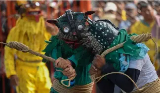  ?? AFP ?? Two contestant­s in tiger costumes take part in. fight during the rain petition ritual in Zitlala