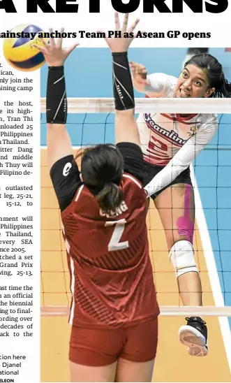  ?? —SHERWIN VARDELEON ?? Alyssa Valdez, in action here against Petrogazz’s Djanel Cheng, returns to national duty.