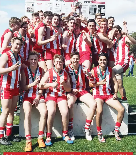  ??  ?? The Trafalgar under 18s capped off their undefeated year to be crowned premiers and champions in the Mid Gippsland Football League on Saturday. But their win proved to be hard fought in the last quarter. Despite heading into the final term with a comfortabl­e 35 point lead, Trafalgar held off a late six goal comeback by Newborough to take out the premiershi­p by three points. With the premiershi­p cup are (back) Xavier Taylor, Mitch Williams, Brodie Kersten, Darcy Young, Luke O’Neil, Dean Young, Josh Moore, Nelson Byrne (hidden), Rick Farrell, Kynan Noonan, Tyrone Stevens, coach Rhys Holdsworth, Ciaran Palmer, Cougar Millsom, Tom Tuck, Joshwa Vosper, Blake Radford, Blake Zimora, (front) Blair Clymo, Jarvis Wheller, Cooper Burgess, Zack Brown and Abrial Subba. Photograph: PAUL COHEN. Full results pages 26-27.