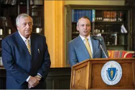  ?? SAM DORAN — SHNS ?? From left, Speaker Ronald Mariano and Ways and Means Chairman Aaron Michlewitz brief the press on House leadership’s fiscal 2025 budget bill at a news conference in the State Library on April 10, 2024.