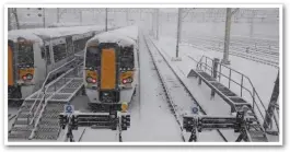  ?? NETWORK RAIL. ?? On February 27, c2c 387304 stands in heavy snow at Shoeburyne­ss. The day before, the Anglia Route had a reduced service implemente­d due to forecasts of heavy snow. When that failed to arrive, NR agreed a full service could run the following day - only...
