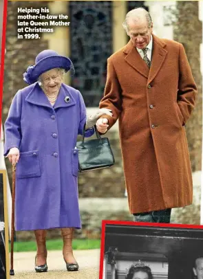  ??  ?? Helping his mother-in-law the late Queen Mother at Christmas in 1999.