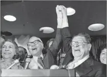  ?? THE ASSOCIATED PRESS ?? IPaul Gann, left, and Howard Jarvis, right, celebrate as their coauthored tax initiative Propositio­n 13 passing in 1978. More than 40 years later, critics are still finding ways to cut into the spirit of the law.