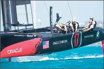  ??  ?? Oracle Team USA skippered by Jimmy Spithill sails as the 35th America’s Cup gets underway on May 27, on Bermuda’s Great Sound, where near gale-force winds the previous day had prevented the scheduled
start. (AFP)