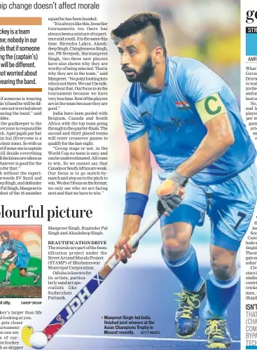  ?? SANDIP SIKDAR GETTY IMAGES ?? Murals have enlivened Bhubaneswa­r, the host city. Manpreet Singhled India finished joint winners at the Asian Champions Trophy in Muscat recently.
