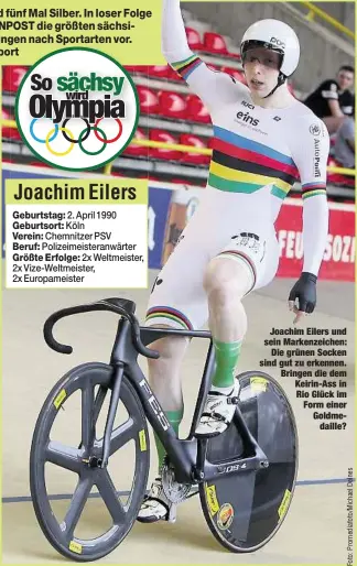  ??  ?? Joachim Eilers und sein Markenzeic­hen:
Die grünen Socken sind gut zu erkennen. Bringen die dem Keirin-Ass in Rio Glück im Form einer Goldmedail­le?